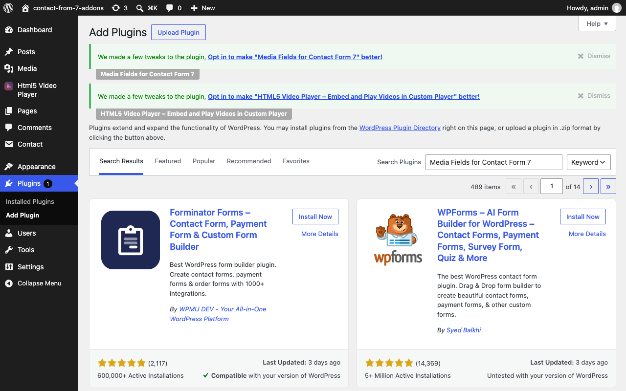 Searching for the plugin in Plugins → Add New