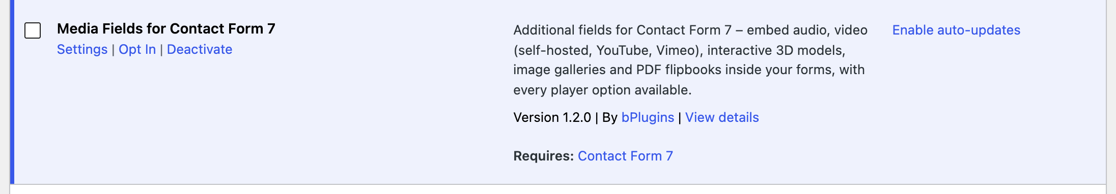 The plugin row on the Plugins screen