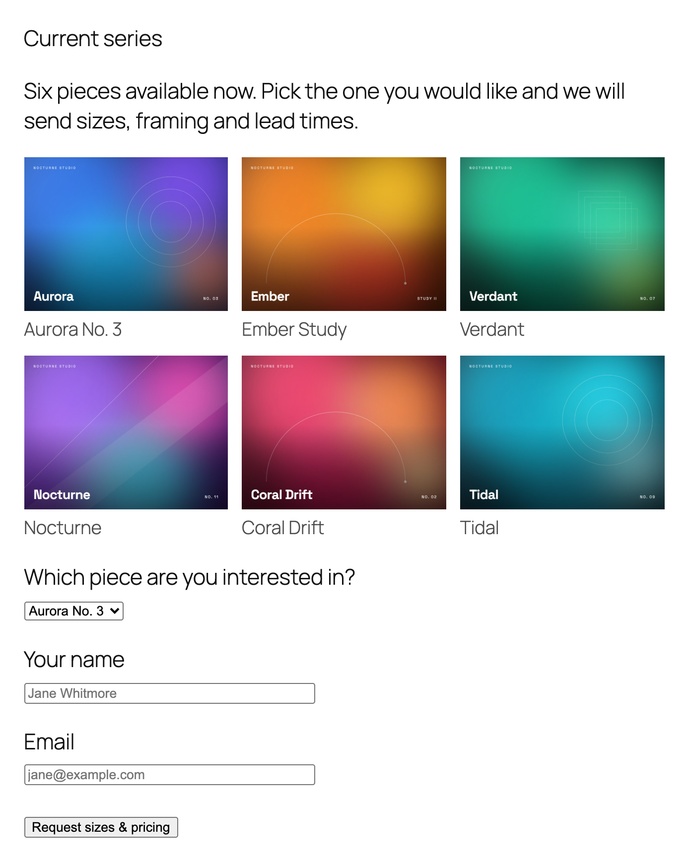 A gallery grid above a "which piece?" dropdown