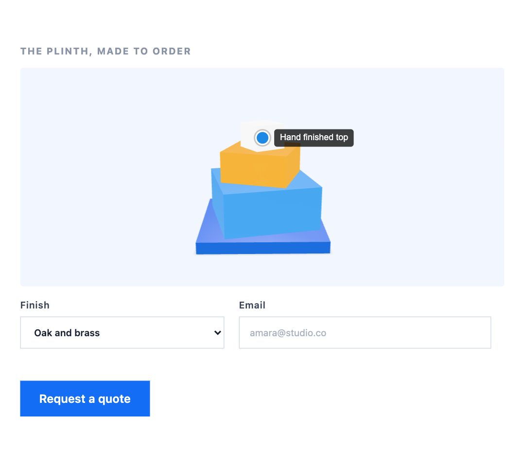 A 3D product model above a quote request form