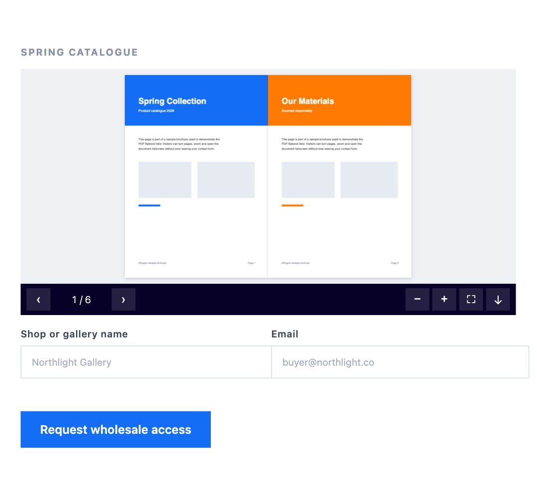 A page turning catalogue above a wholesale request form