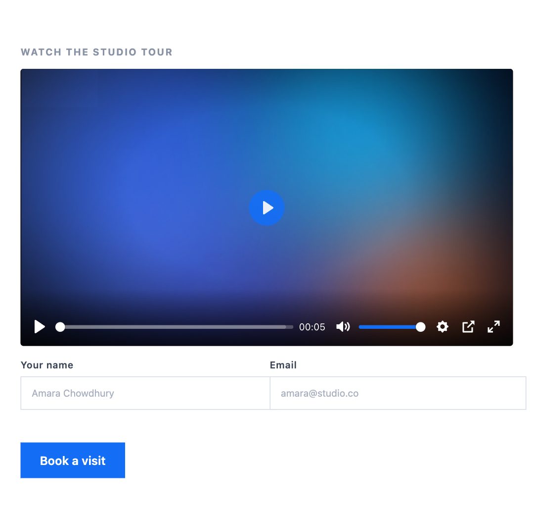 A studio tour video above a booking form
