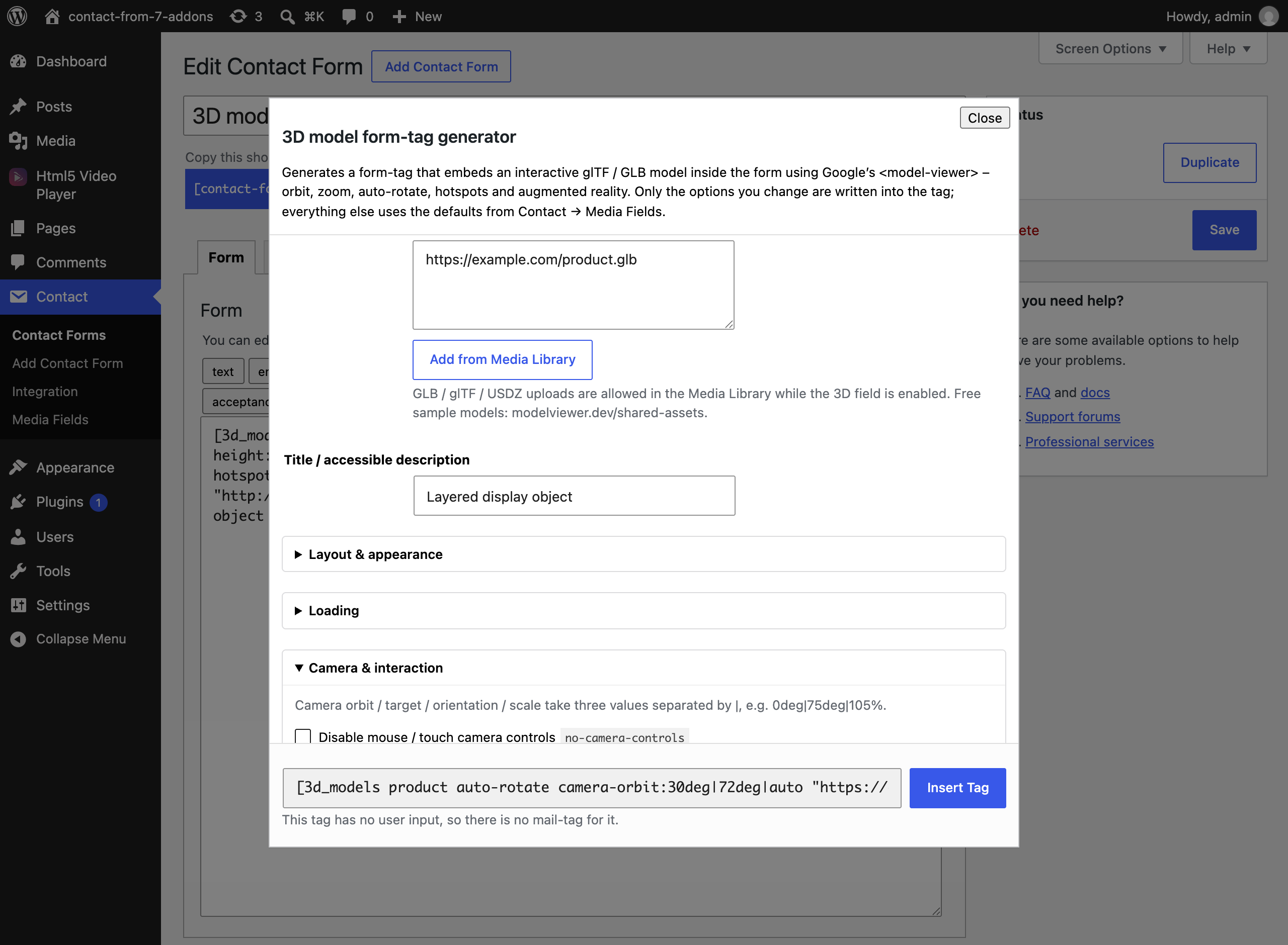 The 3D model form tag generator in the Contact Form 7 editor