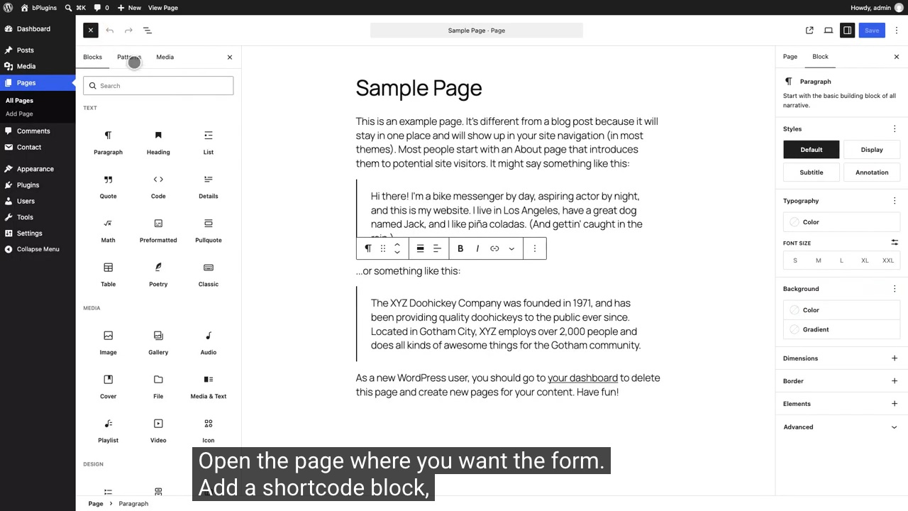 Screen recording of the getting started tutorial, adding a form to a page in WordPress